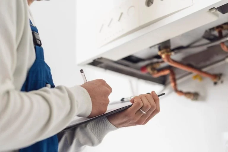 plumber inspecting a hot water system